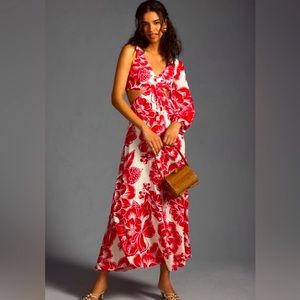 Farm Rio red and white one-shouldered dress with cutouts